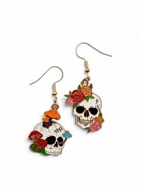 Skull Rose And Mushroom Dangle Earrings